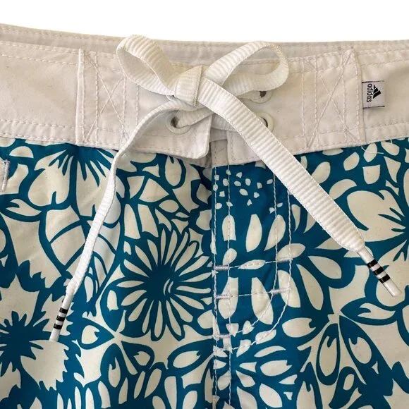 Adidas Junior Size 7 Board Shorts Floral Teal White Velcro & Tie Waistband - Picture 2 of 12
